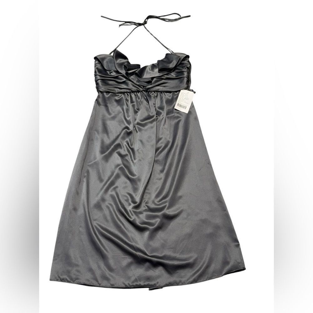 💃 NWT AMSALE charcoal Ruffle Trim Sweetheart neckline Halter Formal midi dress
